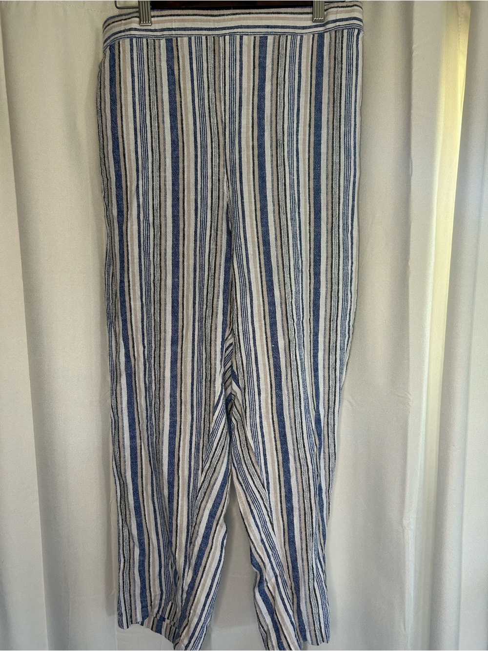 Woman Within Blue Striped Linen Blend Pull On Pants Coastal Beach Resort Casual
